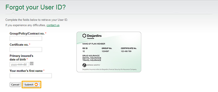 Retrieve your user ID or password - DFS - Desjardins Life Insurance